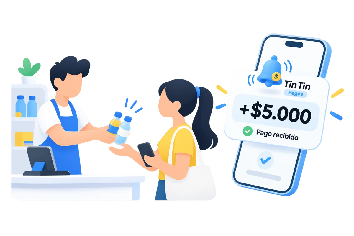 Un tendero atiende a una clienta mientras el celular anuncia un pago recibido de +$5.000 con Tin Tin Pagos